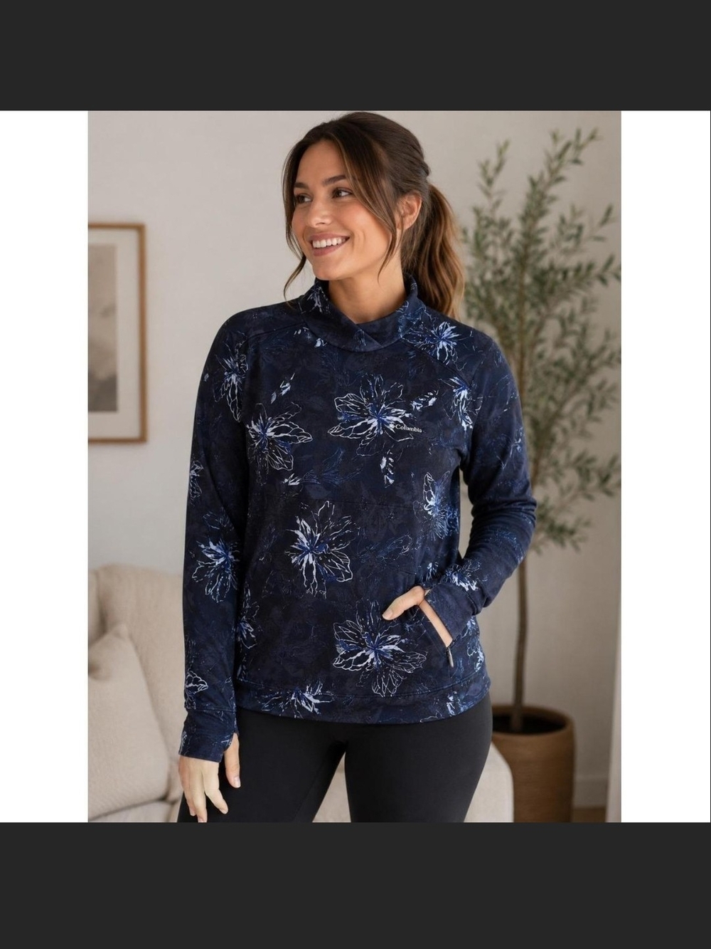 Columbia Navy Floral Funnel Neck Pullover